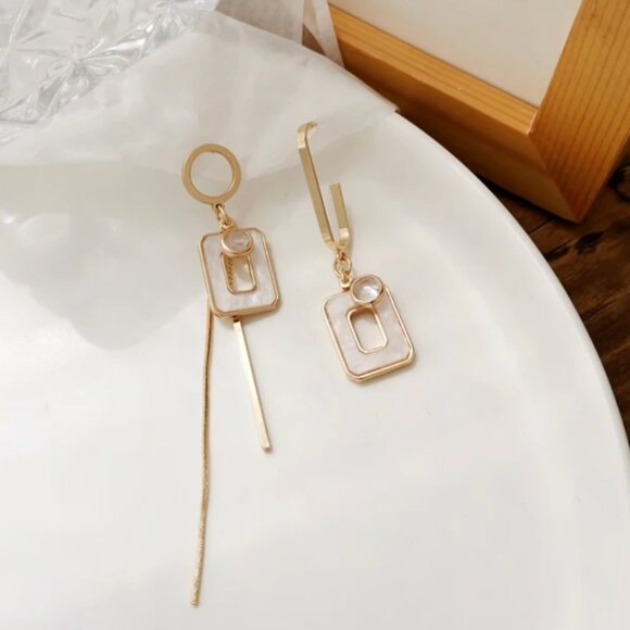 Modern Asymmetrical Geometric Drop Earrings – .925 Silver Needle, Gold Finish - Picture 12 of 12